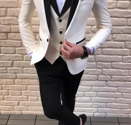 Black-and-white Shawl Lapel Wedding Suits Tuxedos with Waistcoat_1