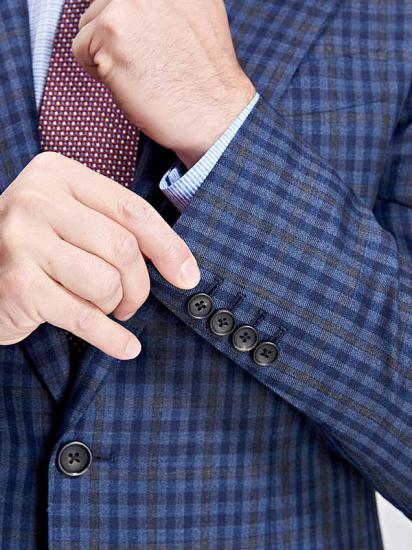 Small Checked Pattern Gentle Mens Suits | Peak Lapel Blue Suits for Men_7
