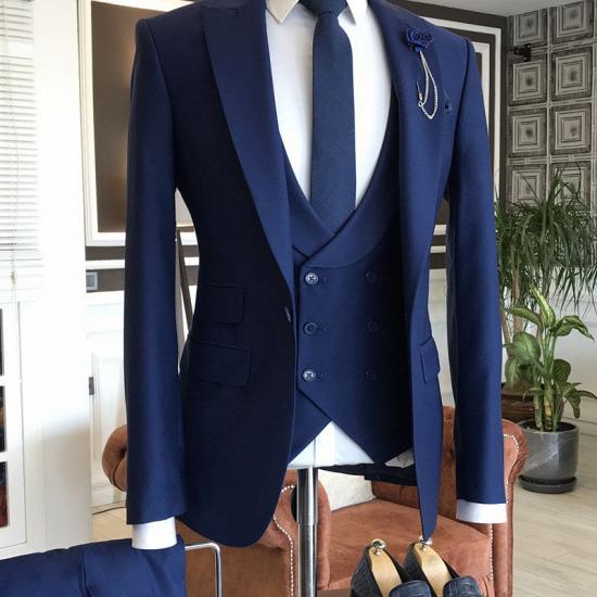 Owen Modern Navy Blue 3-Pieces Peaked Lapel Slim Fit Business Men Suits_1