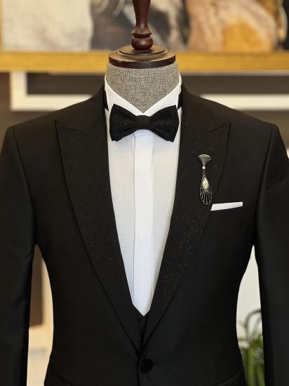 Carlton Chic Black Sparkle Peaked Lapel Three Pieces Wedding Men Suits_2