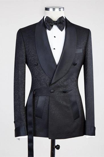 Ernesto Black Double Breasted Shawl Lapel Jacuqard Wedding Suit_1