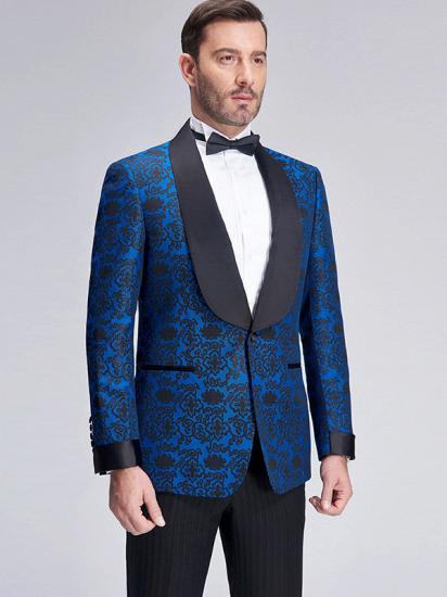 Black Shawl Lapel Blue Jacquard Wedding Suit Blazers for Men_2