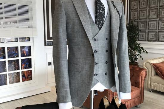 Regular Gray Plaid 3-Pieces Notched Lapel One Button Formal Menswear_2