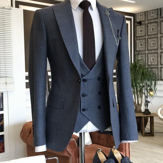 Devin Modern Dark Blue Plaid 3-Pieces Peaked Lapel One Button Slim Fit Business Suits_1
