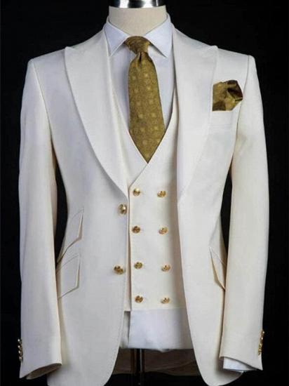 White Wedding Groom Suits | Bespoke Gold Buttons Tuxedos for Men 3 Pieces