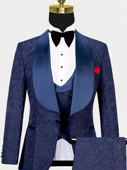 Navy Blue Three Pieces Tuxedo Online| Jacquard Bespoke Men Suits