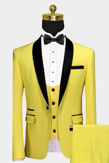 Unique Bright Yellow Wedding Tuxedos for Groom | Black Satin Shawl Lapel Prom Suits_1