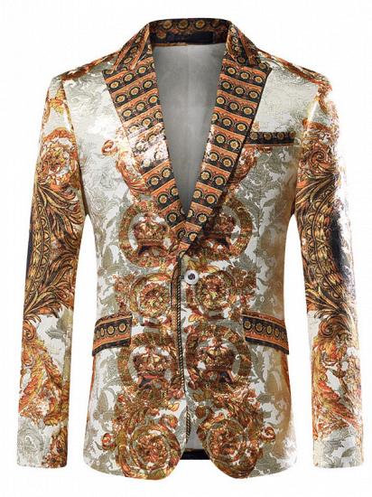 Silver Peaked Lapel Slim Fit Mens Blazer Jacket with Gold Pattern_2