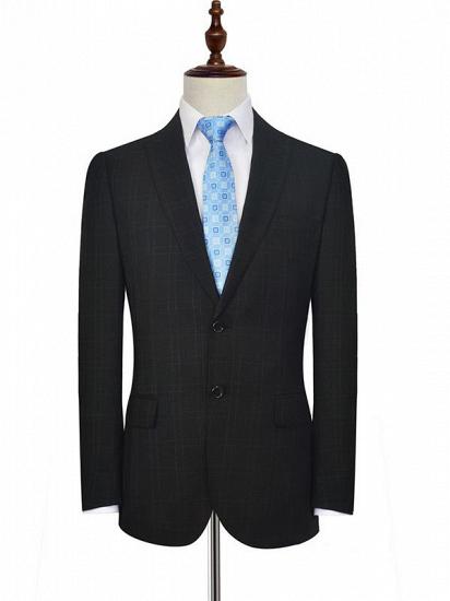 Classic Peak Lapel Plaid Two Button Black Mens Suits for Business_3