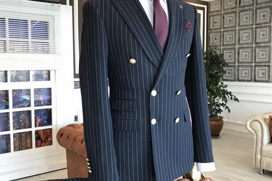 Hogan Modern Navy Blue Striped Peaked Lapel Double Breasted Slim Fit Business Men Suits_2