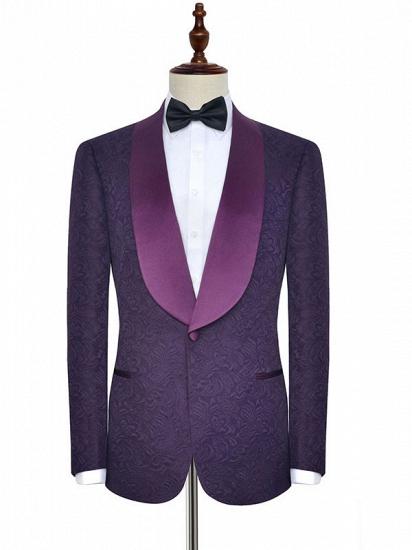 Luxury Dark Purple One Button Wedding Tuxedos | Silk Shawl Lapel Jacquard Prom Suits_3