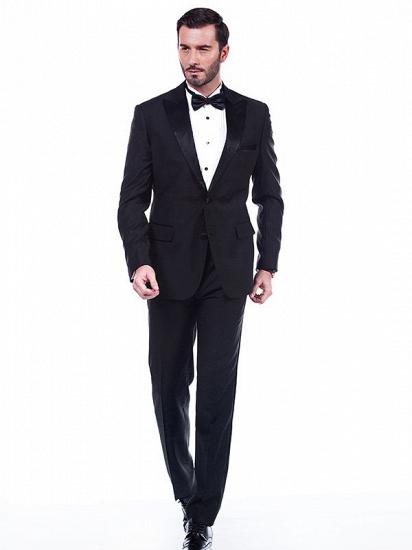 Popular Silk Peak Lapel Two Buttons Solid Black Wedding Suits for Men_1