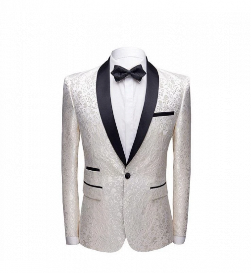 White Jacquard One Button Wedding Tuexdos | Black Shawl Lapel Men Suits (Jacket Pants)_2