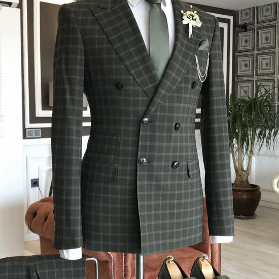 Beacher Handsome Black Plaid Double Breasted 2 Flaps Business Suits For Men