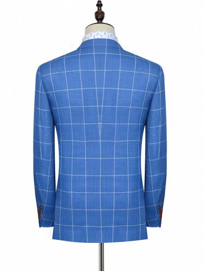 Modern Notch Lapel Two Button Blue Mens Suits | Three Flap Pockets Check Pattern Leisure Suits_4
