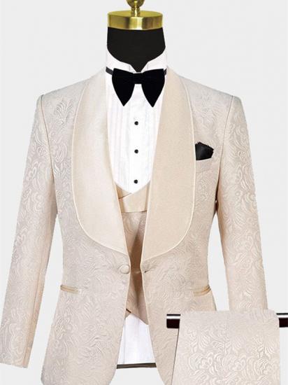 White Three Pieces Jacquare Tuxedo | Shawl Lapel Dinner Suits Sale