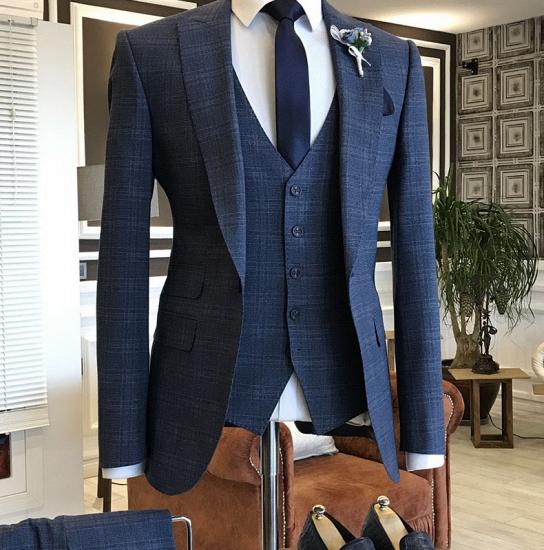 Frederic Blue Small Plaid  3-Pieces Peaked Lapel One Button Formal Business Suits_1