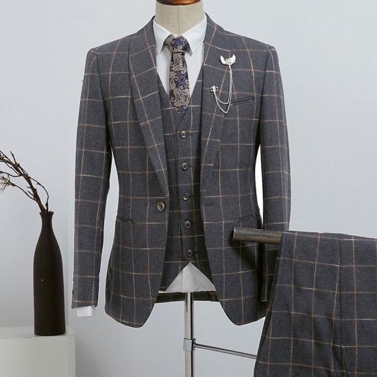 Barlow Fashion Dark Gray Plaid 3 Pieces Slim Fit Custom Business Suit_1