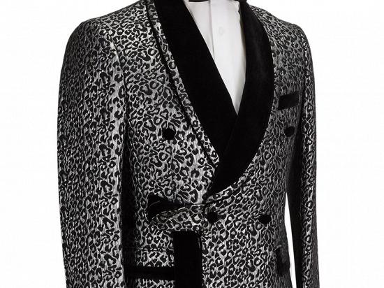 Black Stitching Silver Leopard Jacquard Men's Suit | Shawl Lapel Double Breasted Wedding Suit for Formal with Shirt_3