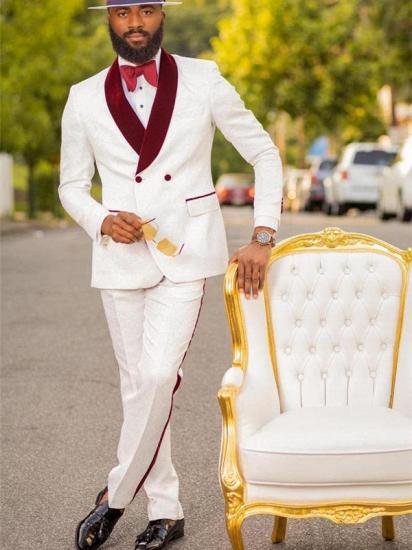 Bryan White Jacquard Double Breasted Wedding Suit with Burgundy Lapel