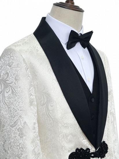 Stylish Knitted Button Black Shawl Lapel Three Piece White Jacquard Wedding Tuxedo for Men_3