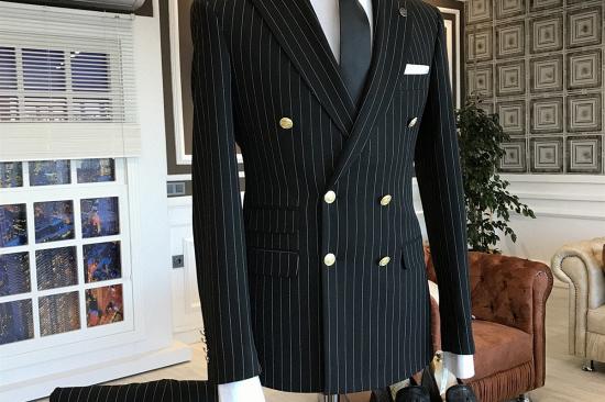Tab Trendy Black Striped Peaked Lapel Double Breasted Business Suits For Men_2