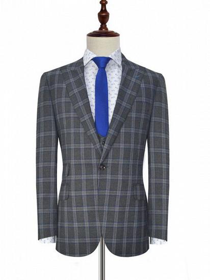 Gentle Dark Grey Large Checked Mens Suits | Peak Lapel Three Piece Suits for Men