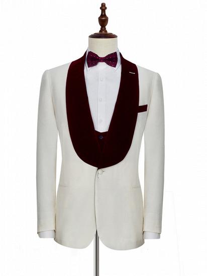 Velvet Shawl Collar White Wedding Tuxedos | Three Piece Wedding Suits with Burgundy Vest_2