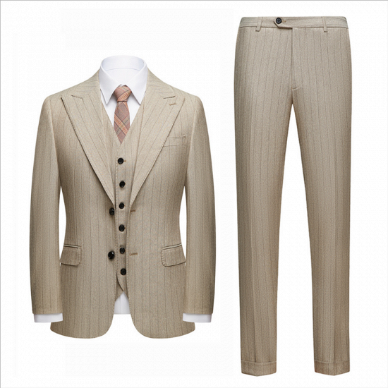 Gentle Khaki Striped Peak Lapel Formal Men's Suit for Business_4