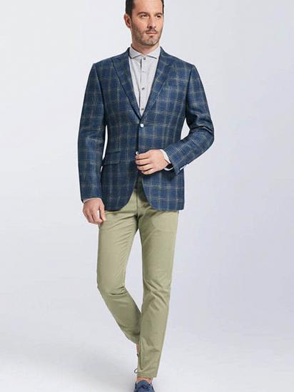 Classic Peak Lapel Navy Blue Plaid Suit Blazer Jacket for Men_3