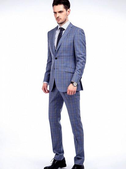 Two Buttons Flap Pocket Checked Pattern Blue Suits for Business Men_2