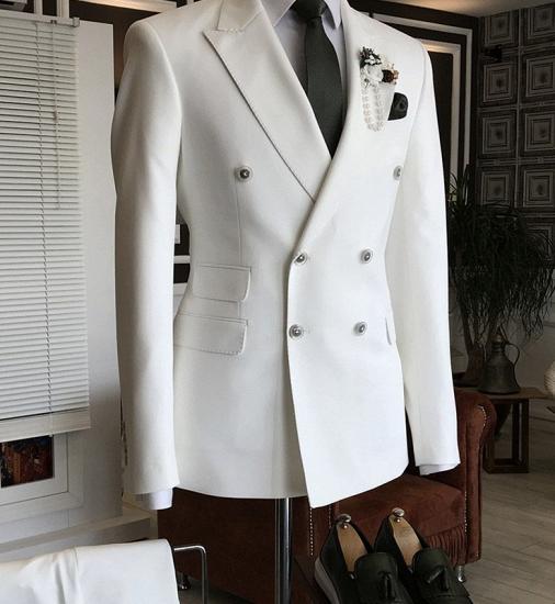 Les Stylish White Peaked Lapel Double Breasted Formal Business Men Suit_1