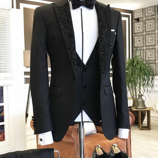 Gavin Fashion Black 3-pieces Peaked Jacquard Lapel Men Suit For Business