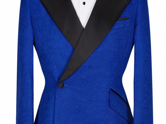 Dean Fashion New Arrival Royal Blue Jacquard Wedding Suits with Black Lapel_1