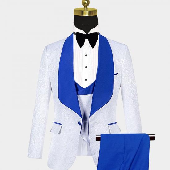 White Jacquard Tuxedo with Blue Shawl Lapel | Three Pieces Suits Sale_3