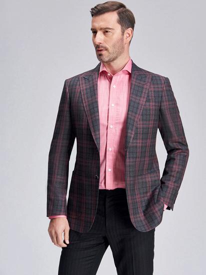 Peak Lapel Patch Pocket Red Plaid Grey Suit Blazer for Men_3