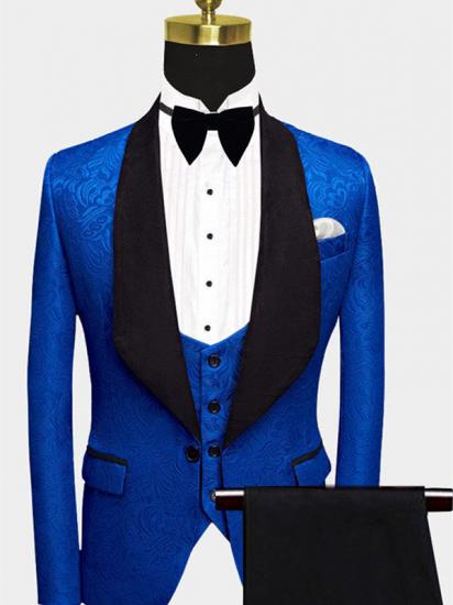 Royal Blue Floral Jacquard Men Suits | Slim Fit Tuxedo Online (Jacket vest pants shirt)
