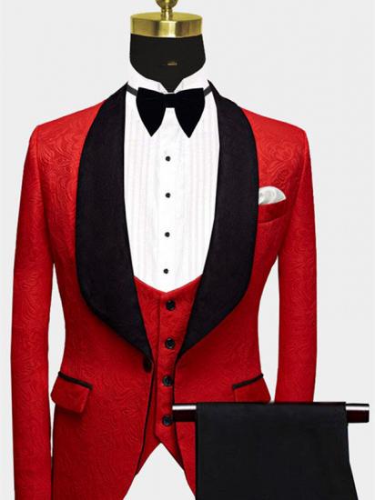 Fashion Red Floral Tuxedo | Bespoke three Pieces Men Suits with Black Lapel