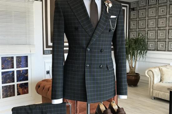 Baron Black Plaid Double Breasted Slim Fit Business Suits For Men_2