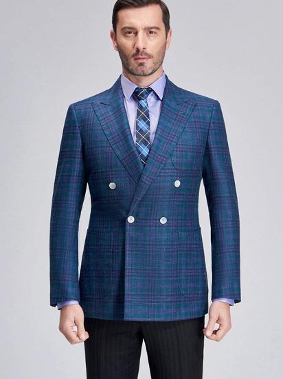 Formal Peak Lapel Plaid Double Breasted Blue Mens Blazer Jacket for Business_2