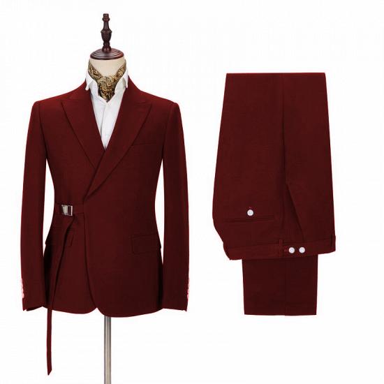 Stylish Peak Lapel Buckle Button Formal Burgundy 2 Piece Men's Casual Suit Online_2