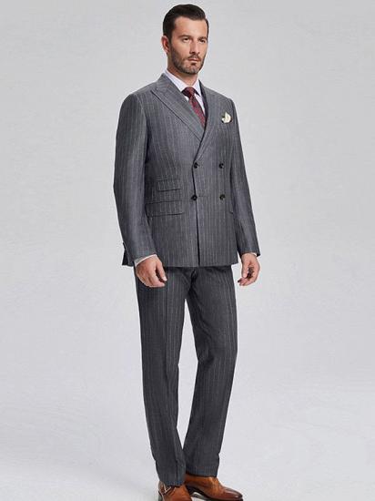 Classic Peak Lapel Double Breasted Light Stripes Dark Grey Mens Suits for Business_2