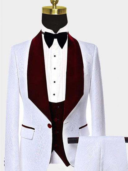 White Jacquard Men Suits with Burgundy Lapel | Floral Tuxedo