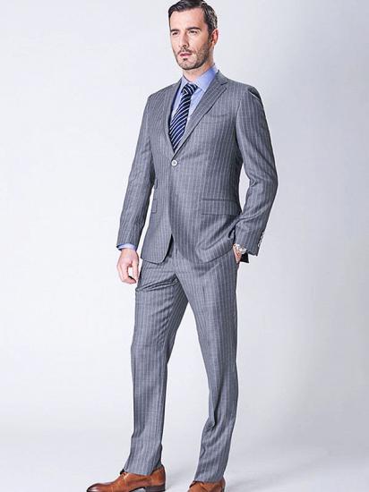 Two Piece Stripes Light Grey Mens Suits with Three Flap Pockets_2