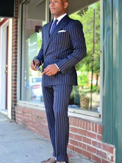 Adam Dark Blue Double Breasted Striped Formal Business Men Suits