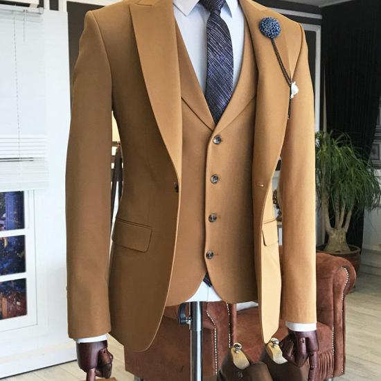 Fashion Brown Peaked Lapel Double Breasted Waistcoat Men Suits For Business