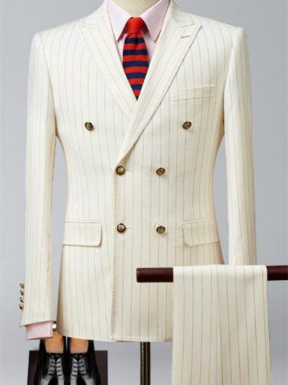 Beige Peak Lapel Double Breast Tuxedo | Formal Stripe Business Men Suits 2 Pieces_1