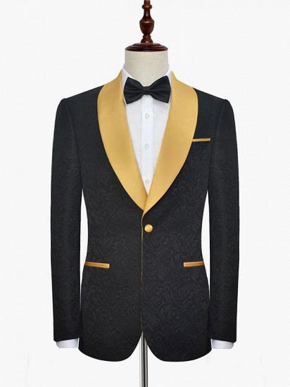 Gold Shawl Lapel One Button Wedding Tuxedo | Black Jacquard Prom Suits_2