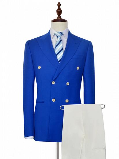 Peak Lapel Royal Blue Double Breasted Mens Suits | Six Buttons Stylish Leisure Suits_1