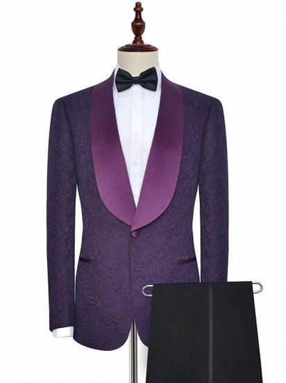 Luxury Dark Purple One Button Wedding Tuxedos | Silk Shawl Lapel Jacquard Prom Suits_1
